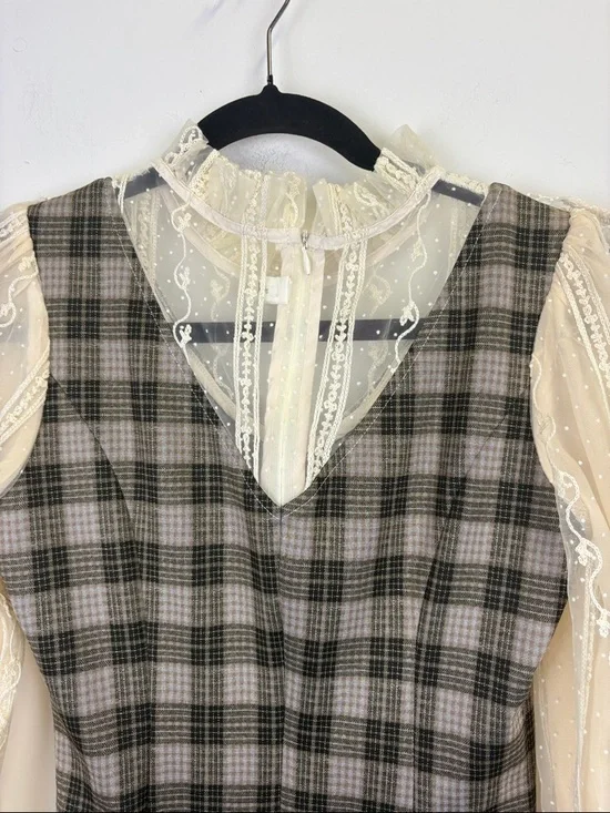 Bec & Xin Plaid Lace Dress Ruffle Collar Cottagecore Romantic Mini Size small - Picture 6 of 8